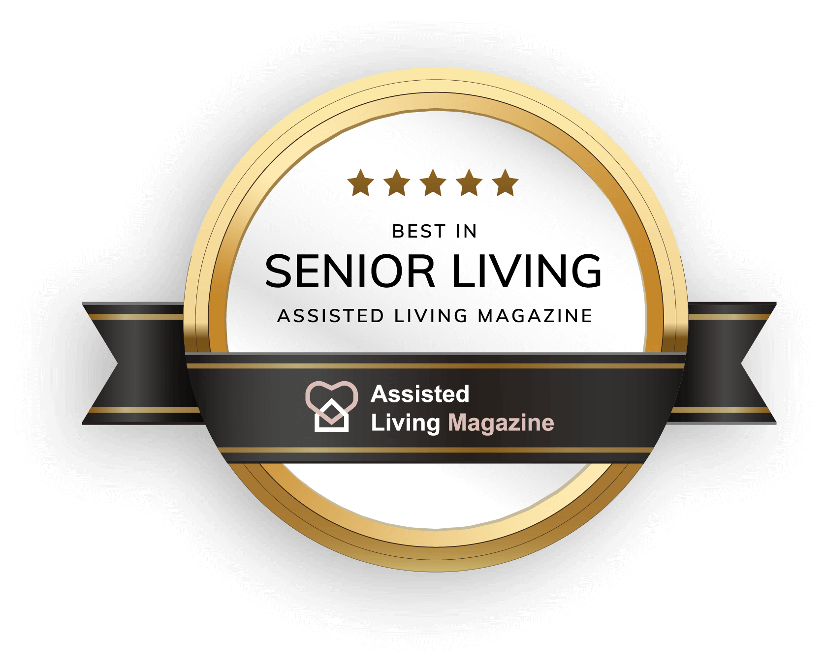 Carriage Crossing Senior Living's award emblem for 'Best in Senior Living' by Assisted Living Magazine with a 5-star rating