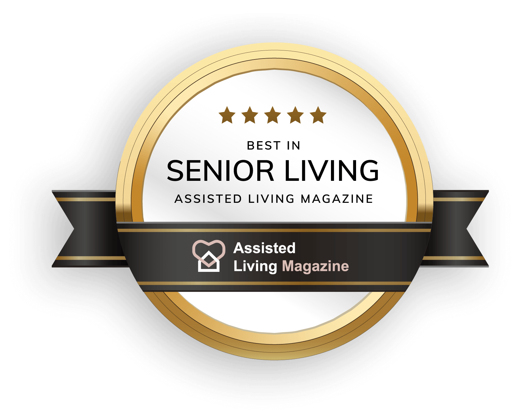 Gold and white award badge with black ribbon, text reads "Best in Senior Living, Assisted Living Magazine." Five stars are displayed at the top of the badge, recognizing excellence in senior living in Illinois.