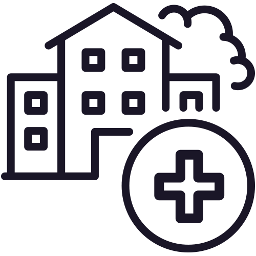 A simple line drawing of a hospital building with a medical cross in a circle in the foreground, representing senior living in Illinois.