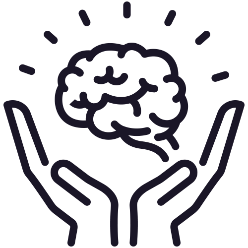 A graphic showing a pair of hands holding a brain, with lines radiating outwards indicating attention or importance, highlights the dedication to mental wellness in senior living in Illinois.