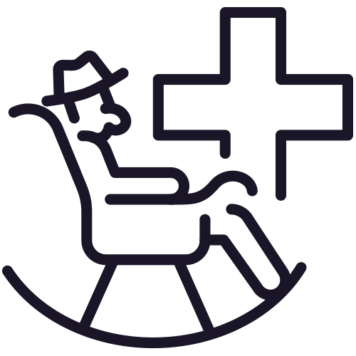 Outline of a senior living in Illinois, sitting in a rocking chair with a hat on, next to a medical cross symbol.